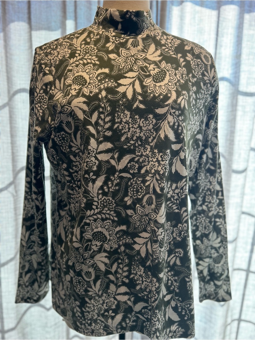 Kim Rogers Olive & White Floral Mock Neck Sweater